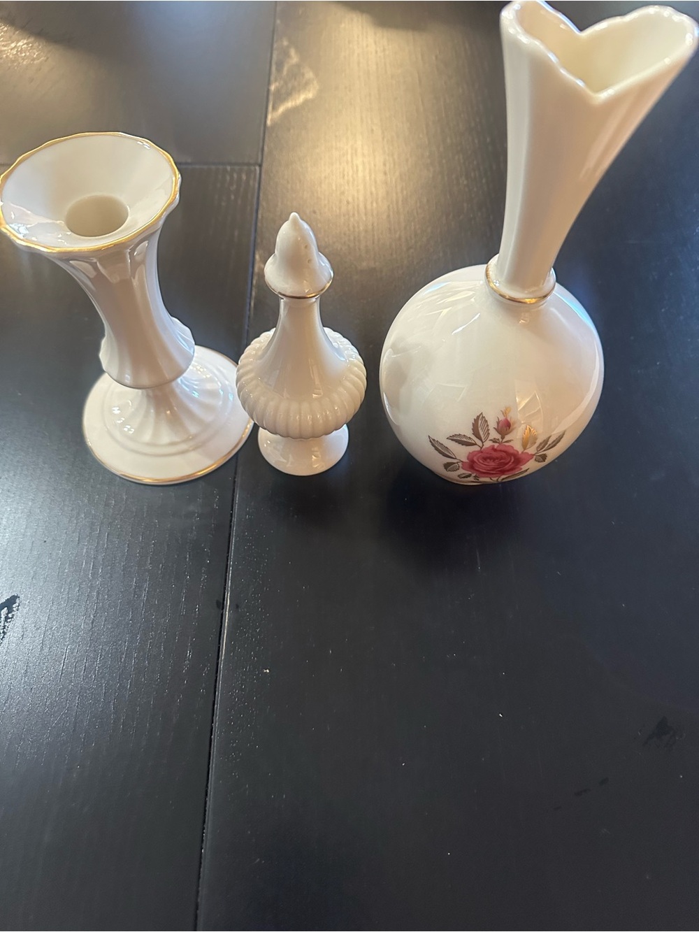 Lenox White Porcelain Bud Vase Trio with Pink Rose and Gold Trim Accents